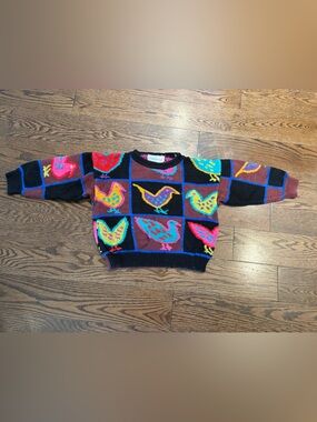 Vintage Christine Foley kids Colorful Bird-Print Knit Sweater — Black Multi 4/5